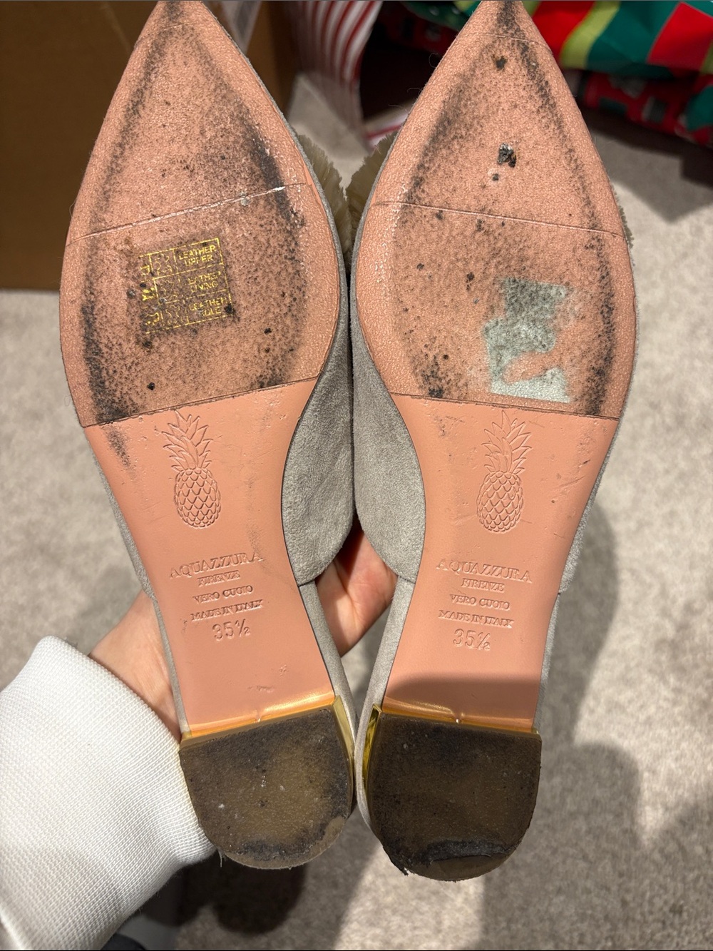 Aquazzura Taupe Suede Pointed Mules with Fur Pom - Picture 4 of 4